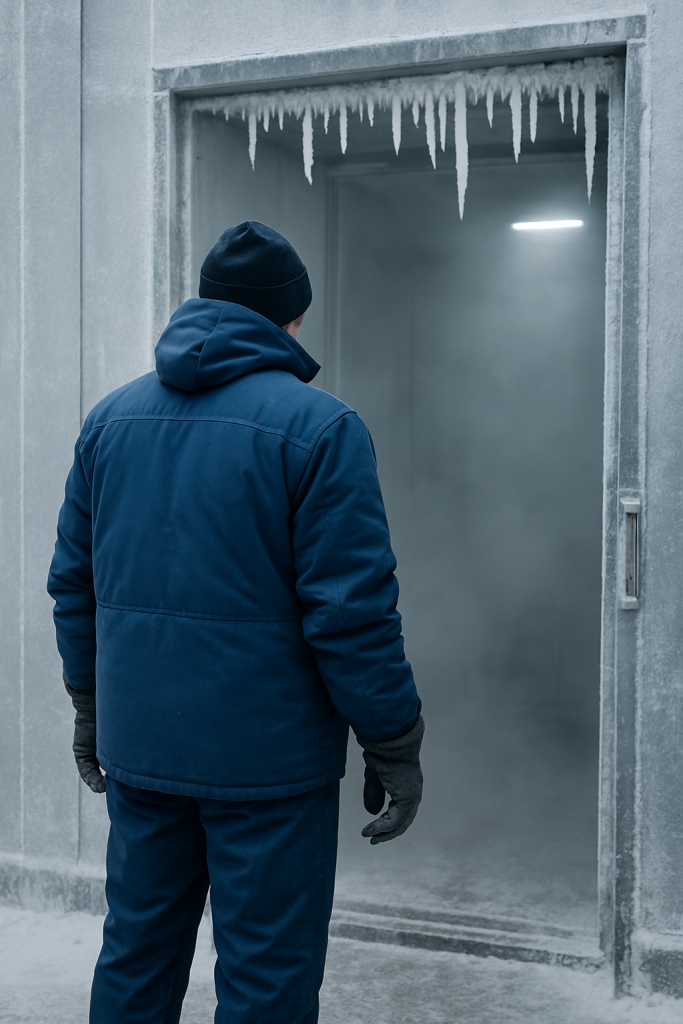 Arbeiter in Schutzkleidung steht vor einer gefrorenen Kältekammer mit Eiszapfen – Symbolbild für arbeitsmedizinische Untersuchung E KLT (ehemals G 21) bei Kältearbeiten.