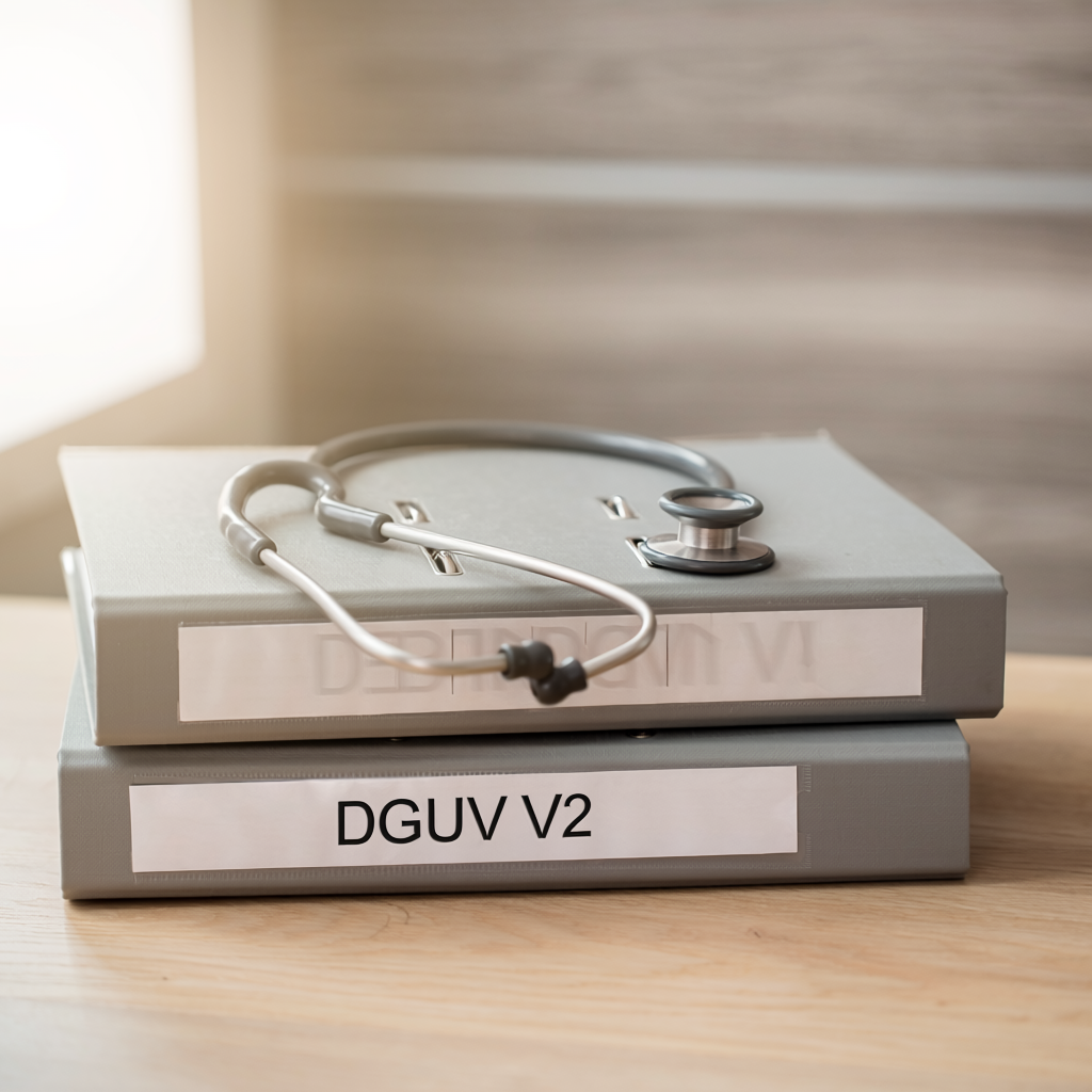 Aktenordner mit DGUV V2-Beschriftung und Stethoskop – arbeitsmedizinische Compliance